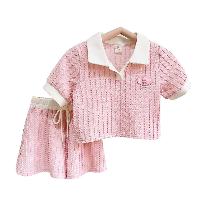 Cute Girls' Pink and White Polo Shirt and Shorts Two-piece Set