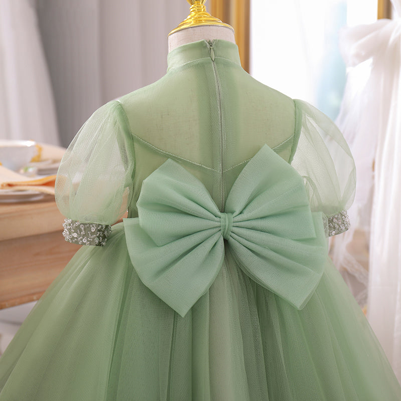 Baby Girl Cold Shoulder Puff Sleeve Green Satin Romper Princess Party Dress